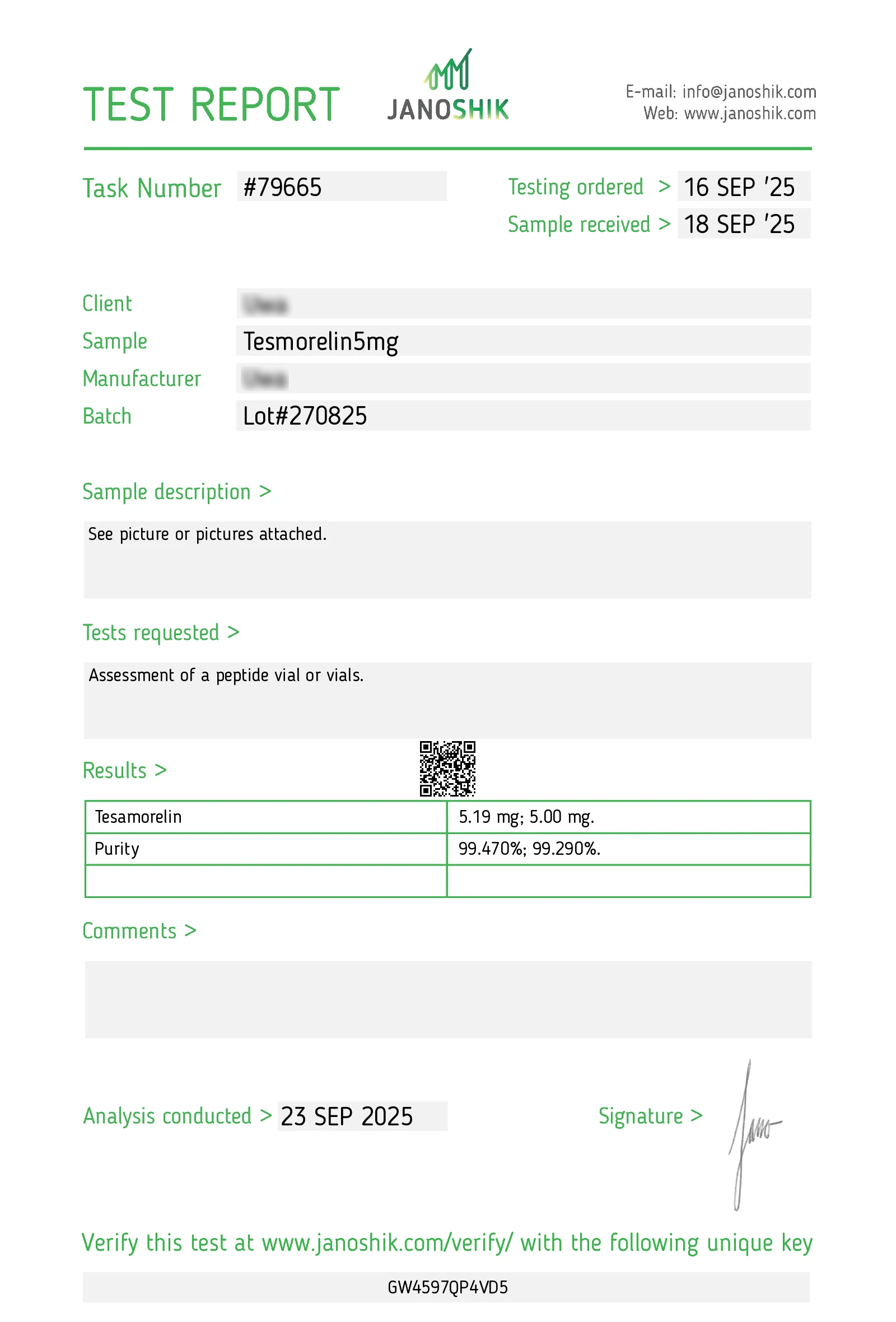 Peptilon Certificate of Analysis tesamorelin 5mg