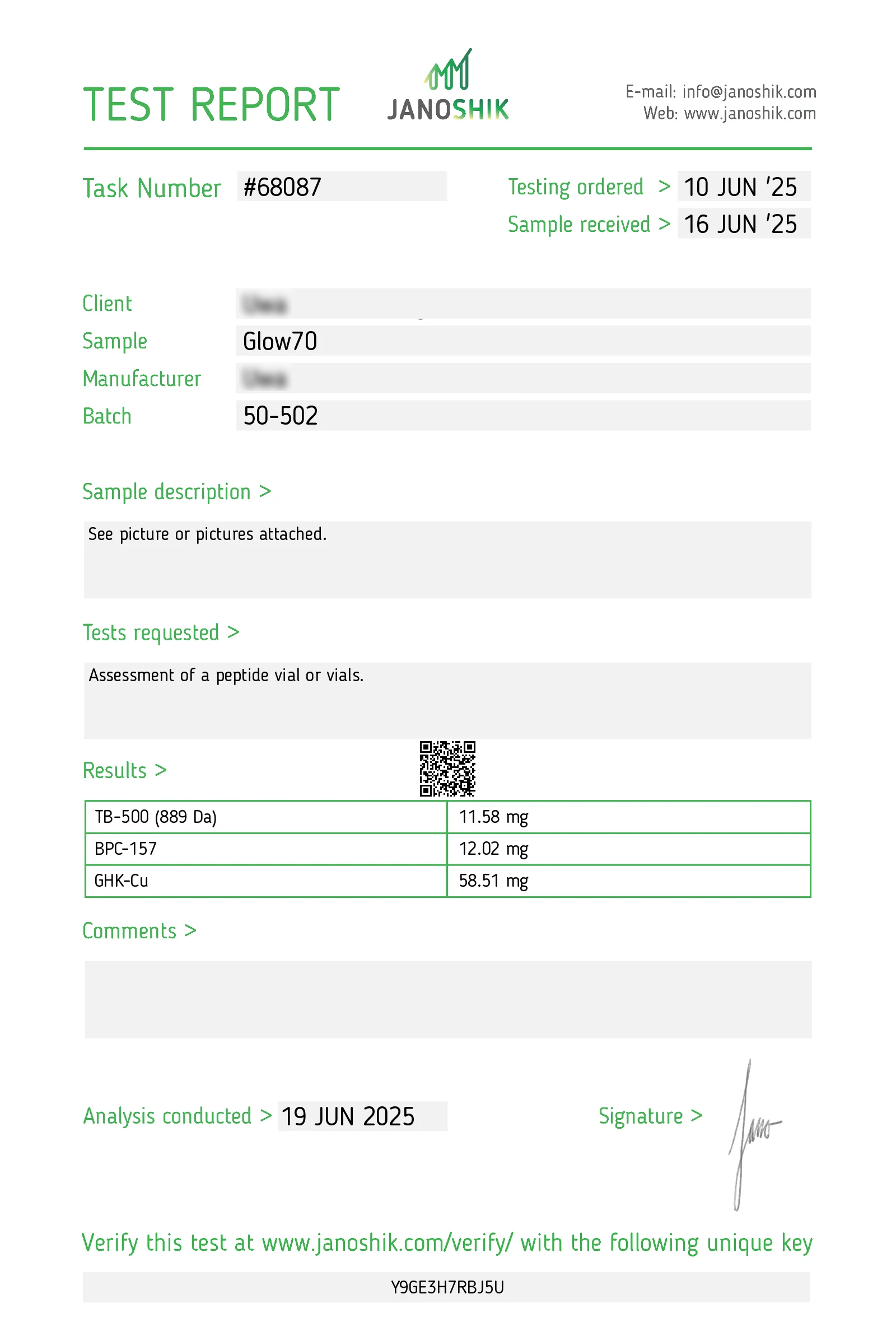 Peptilon Certificate of Analysis Glow 70mg
