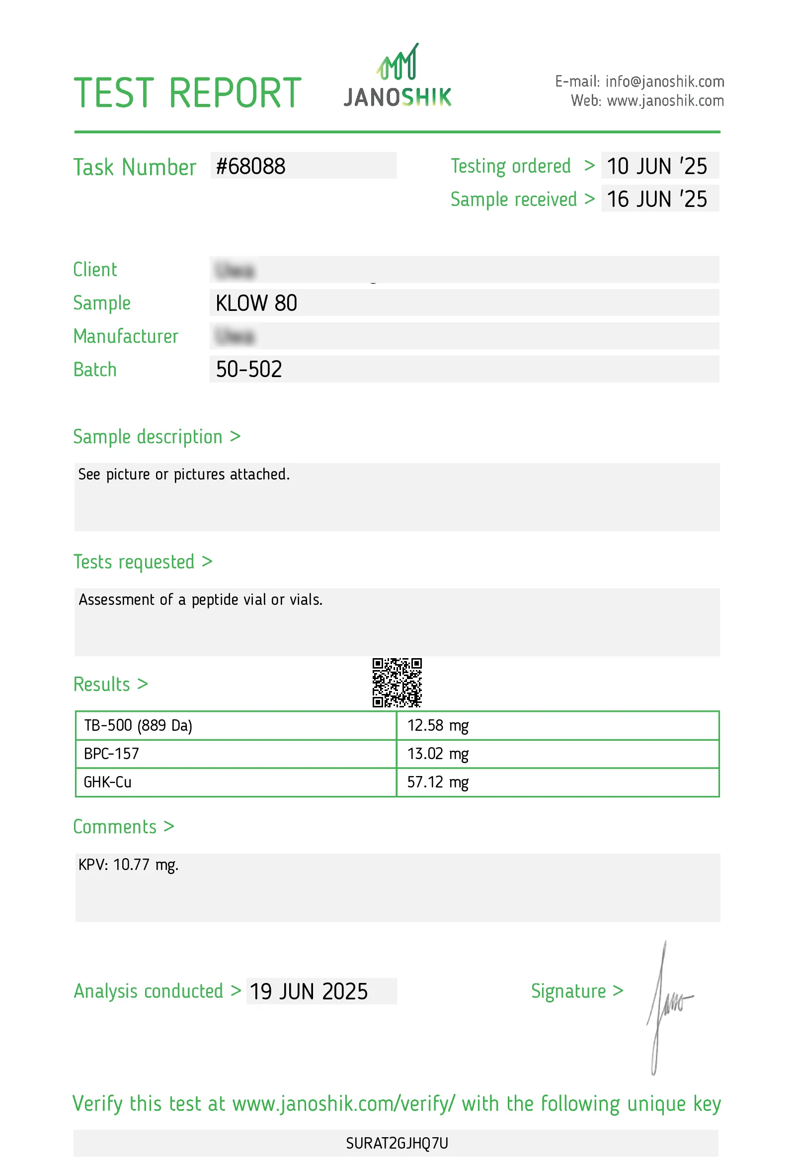 Peptilon Certificate of Analysis Klow 80mg