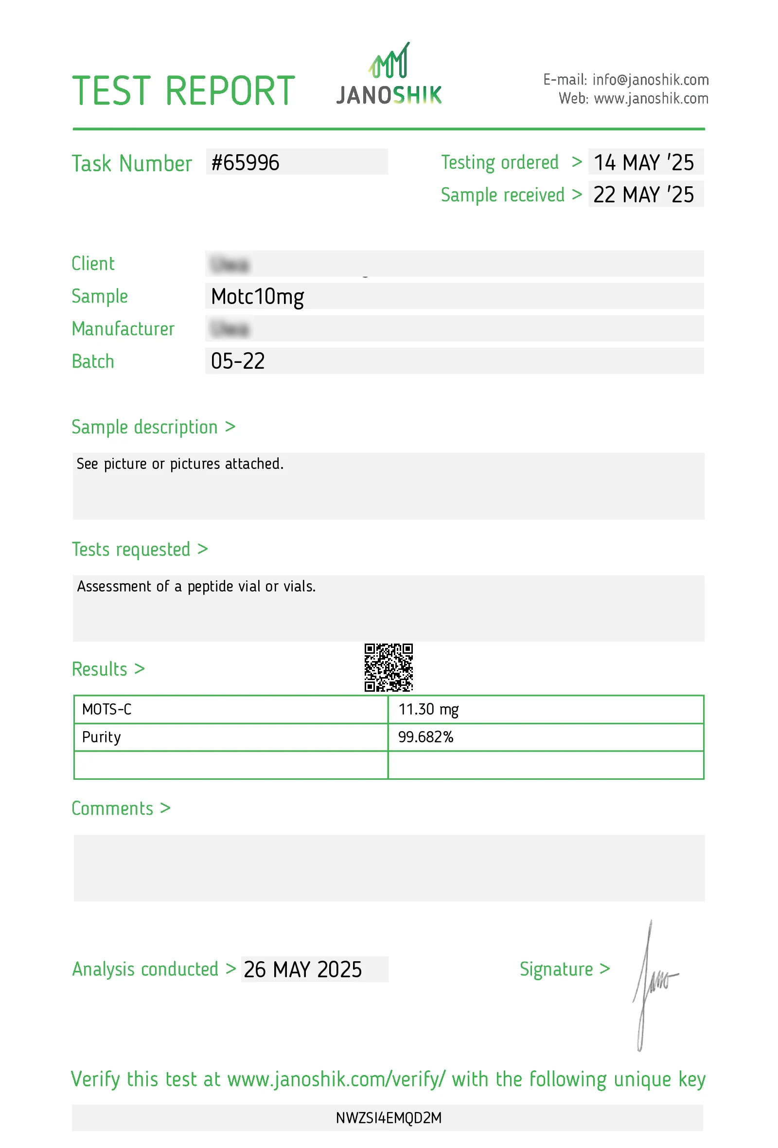 Peptilon Certificate of Analysis Mots-c 10mg