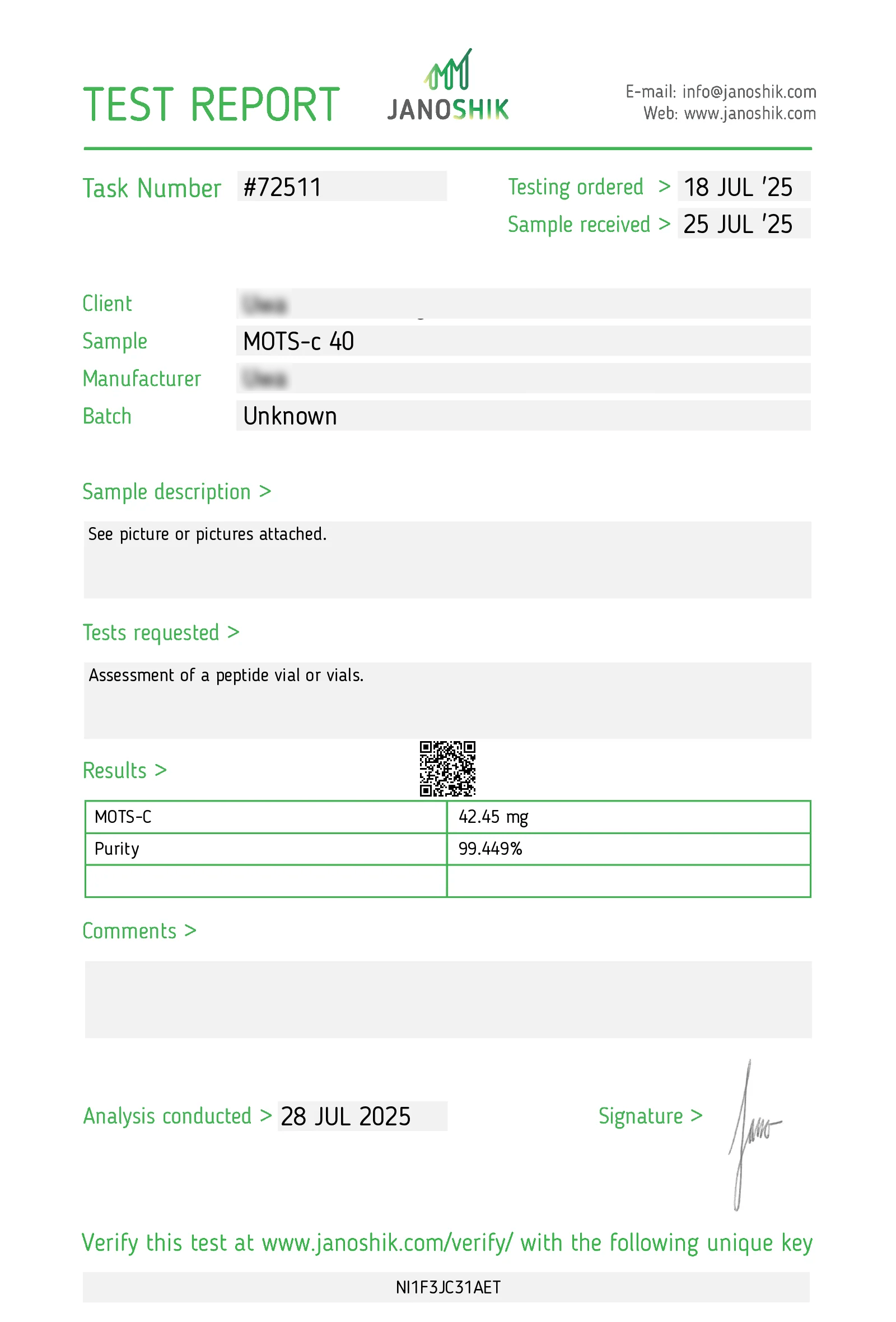 Peptilon Certificate of Analysis Mots-c 40mg