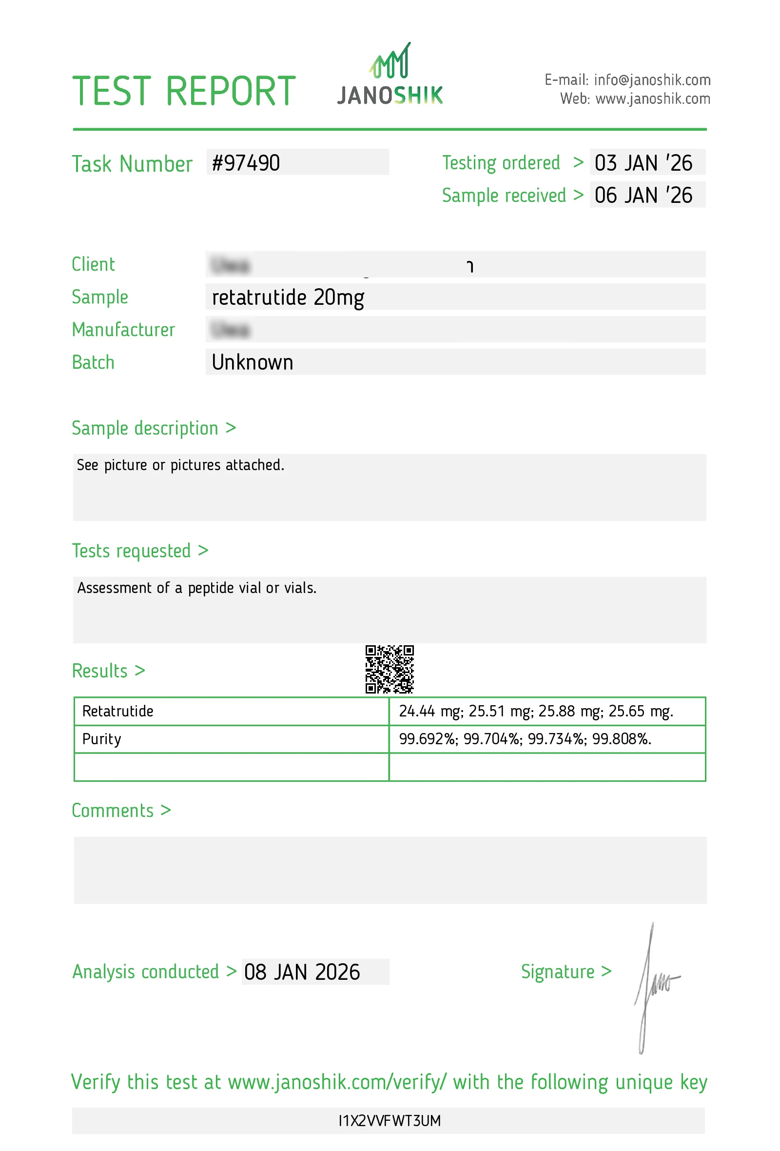 Peptilon Certificate of Analysis Retatrutide 20mg