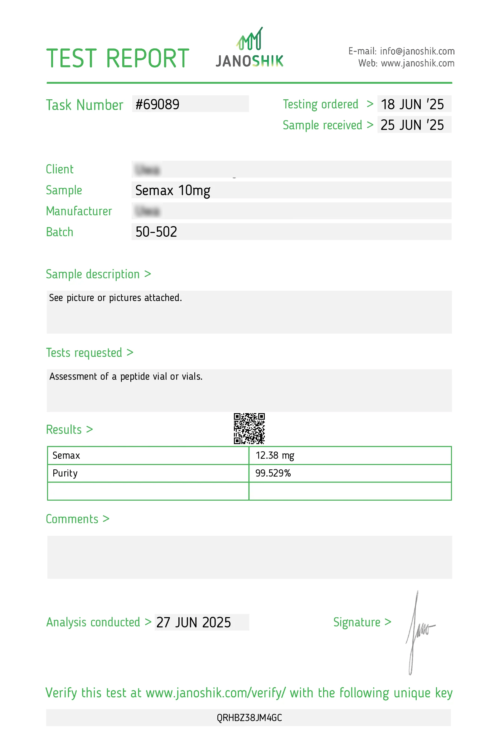 Peptilon Certificate of Analysis Semax 10mg